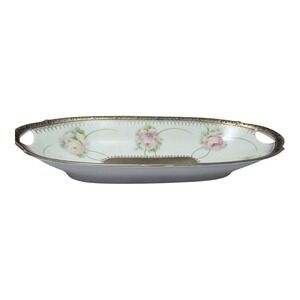 VTg Bavaria Handpainted Porcelain Bread Tray Celery Dish Pink Roses Gold Trim